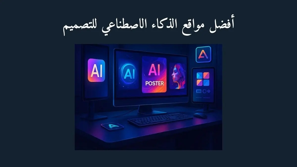 رسم يوضح شاشات كمبيوتر تعرض شعارات وملصقات مع نص أعلى الصورة أفضل مواقع الذكاء الاصطناعي للتصميم