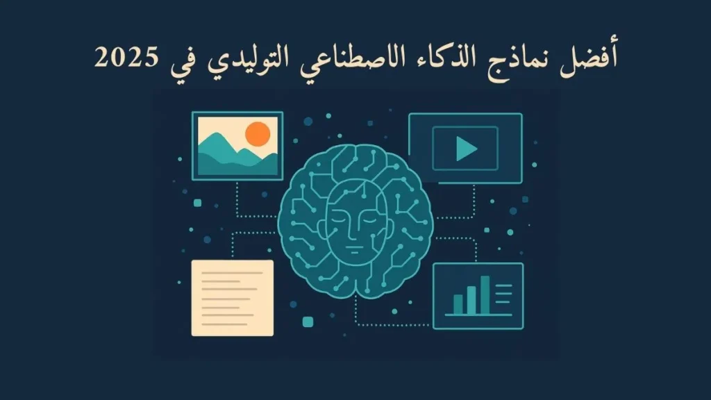 دماع رقمي تحيط به نماذج ذكية مع نص مكتوب أفضل نماذج الذكاء الاصطناعي التوليدي في 2025