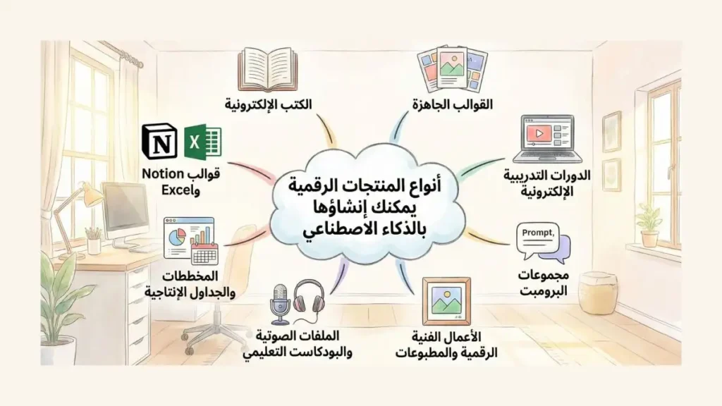 صورة توضح أنواع المنتجات الرقمية يمكن إنشاؤها بالذكاء الاصطناعي