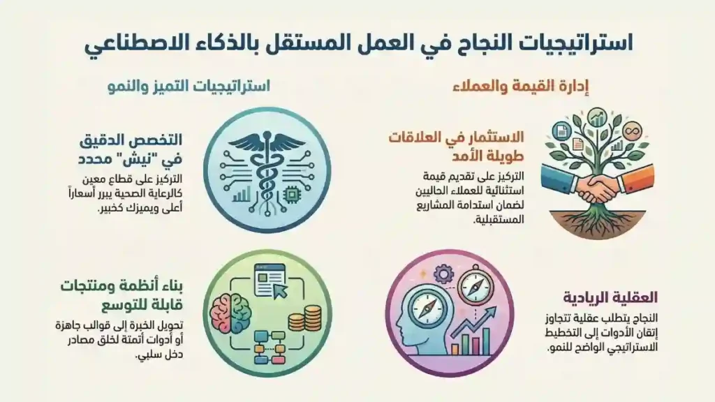 مخطط يوضح استراتيجيات النجاح في العمل المستقل بالذكاء الاصطناعي
