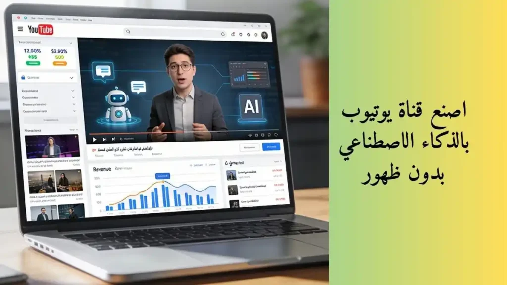 صورة توضح شاشة بداخلها قناة يوتيوب ونص مكتوب اصنع قناة يوتيوب بالذكاء الاصطناعي بدون ظهور