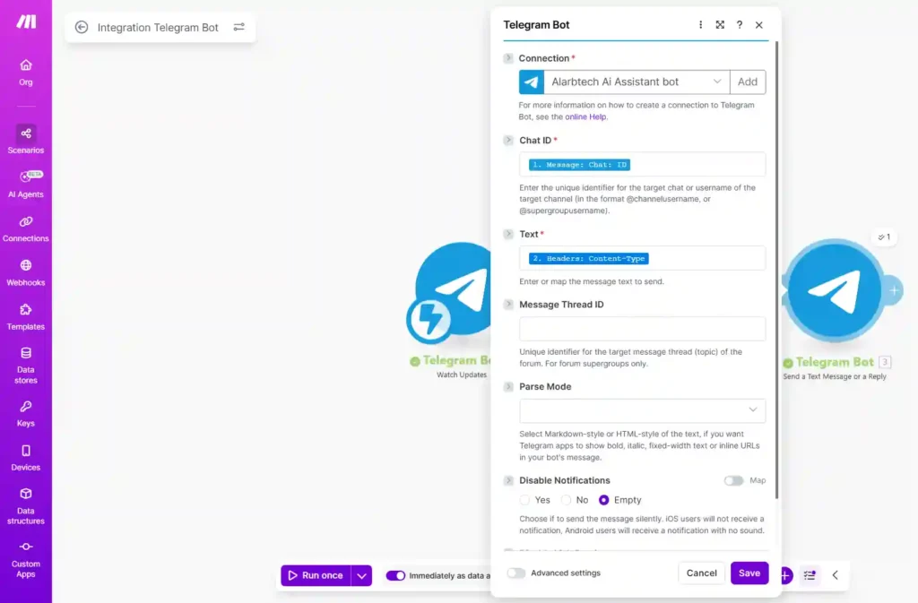 اعدادات الرد في تليجرام بوت في موقع make