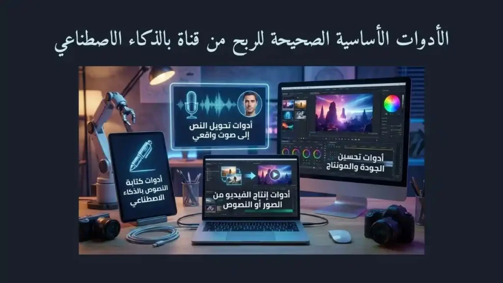 صورة تعبر عن الأدوات الأساسية الصحيحة للربح من قناة بالذكاء الاصطناعي