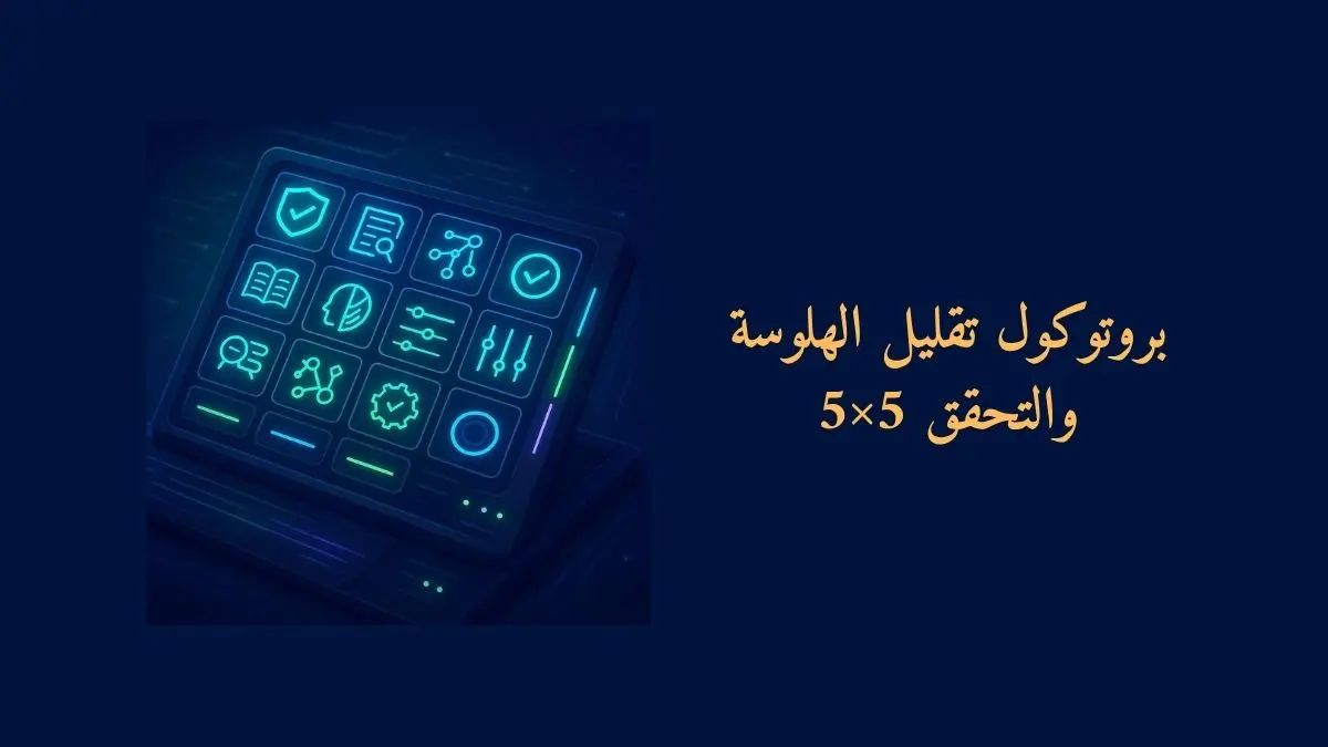 لوحة تحكم مستقبلية لمراقبة دقة الذكاء الاصطناعي تعرض شبكة 5×5 من الرموز للتحقق والمراجعة بألوان زاهية وتقنية عالية ونص مكتوب بروتوكول تقليل الهلوسة والتحقق 5×5