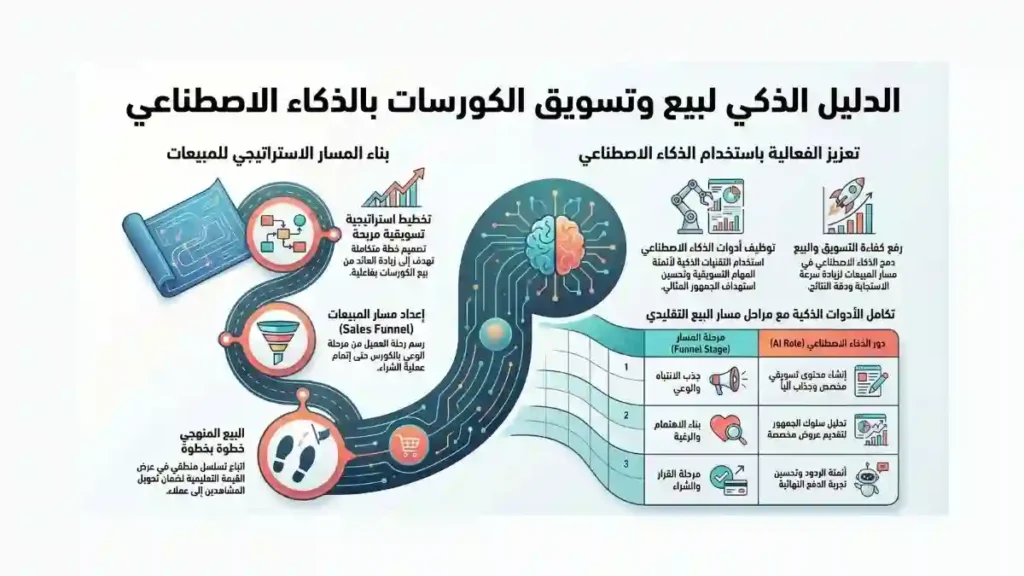 مخطط يوضح تسويق وبيع الكورسات بالذكاء الاصطناعي خطوة بخطوة