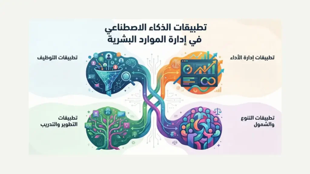 مخطط يوضح تطبيقات الذكاء الاصطناعي في الموارد البشرية