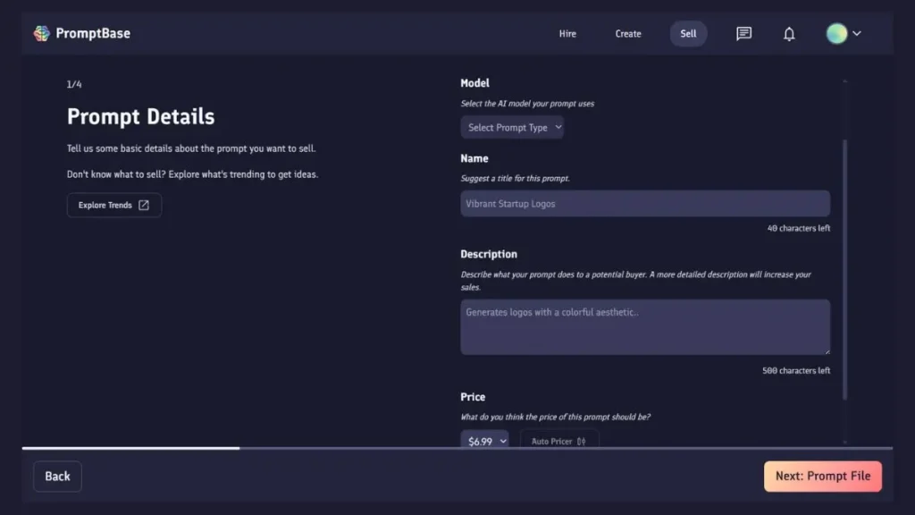 صورة توضح معلومات البرومبت في قسم sell في موقع PromptBase