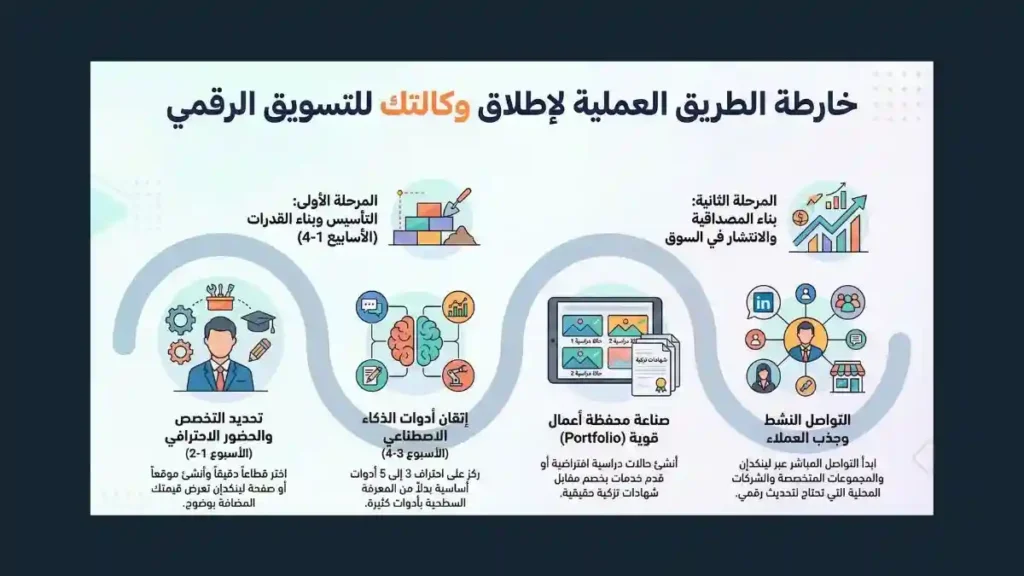 مخطط يوضح خارطة الطريق العملية لإطلاق وكالة تسويق رقمية