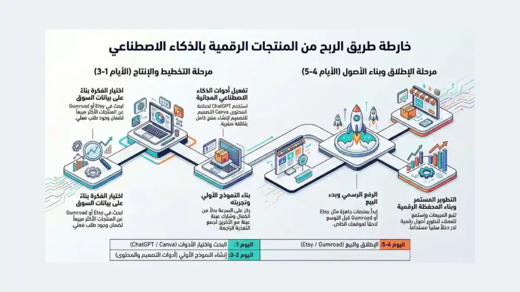 مخطط يوضح خارطة الطريق للربح من المنتجات الرقمية والذكاء الاصطناعي