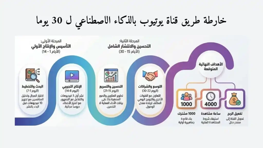 مخطط خارطة طريق قناة يوتيوب بالذكاء الاصطناعي ل 30 يوما