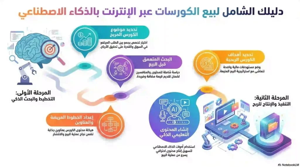 مخطط يوضح خطوات بيع الكورسات عبر الإنترنت باستخدام الذكاء الاصطناعي