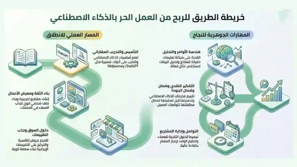 خريطة توضح خطوات ومهارات البدء في الربح من العمل الحر بالذكاء الاصطناعي