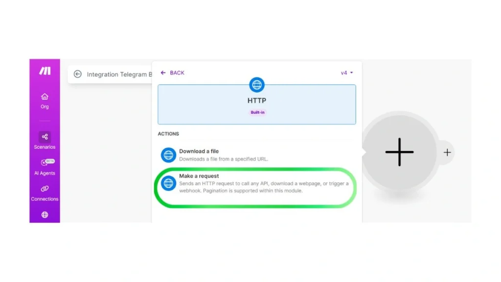 واختيار وحدة "HTTP" ثم "Make a request في موقع make