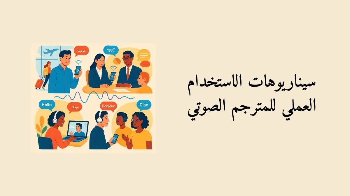 صورة سيناريوهات استخدام مترجم صوتي AI: سفر واجتماعات وتعليم ومحادثات متعددة اللغات، تصميم عصري وألوان زاهية.
