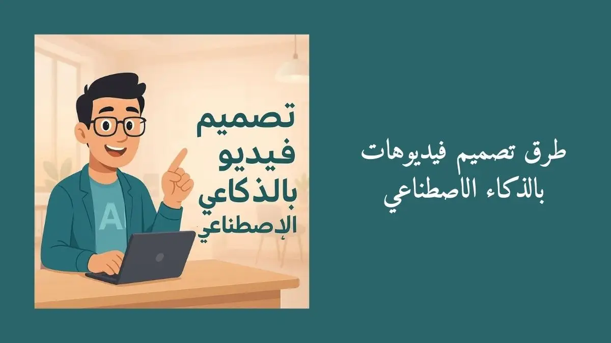 صورة بشخصية افتراضية كرتونية في بيئة مكتبية مع نص تصميم فيدوهات بالذكاء الاصطناعي