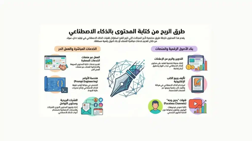 مخطط يوضح طرق الربح من كتابة المحتوى بالذكاء الاصطناعي مع الأمثلة