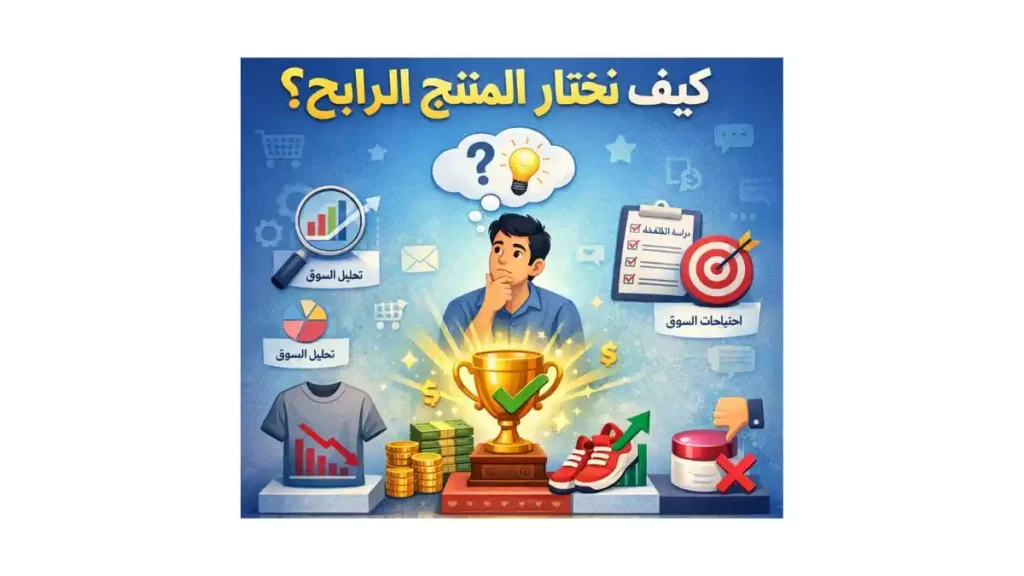 صورة توضح شخص يفكر وامامه منتجات مع نص مكتوب كيف تختار المنتج الرابح؟