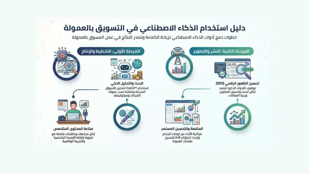 مخطط يوضح كيف تستخدم الذكاء الاصطناعي في مراحل التسويق بنظام العمولة