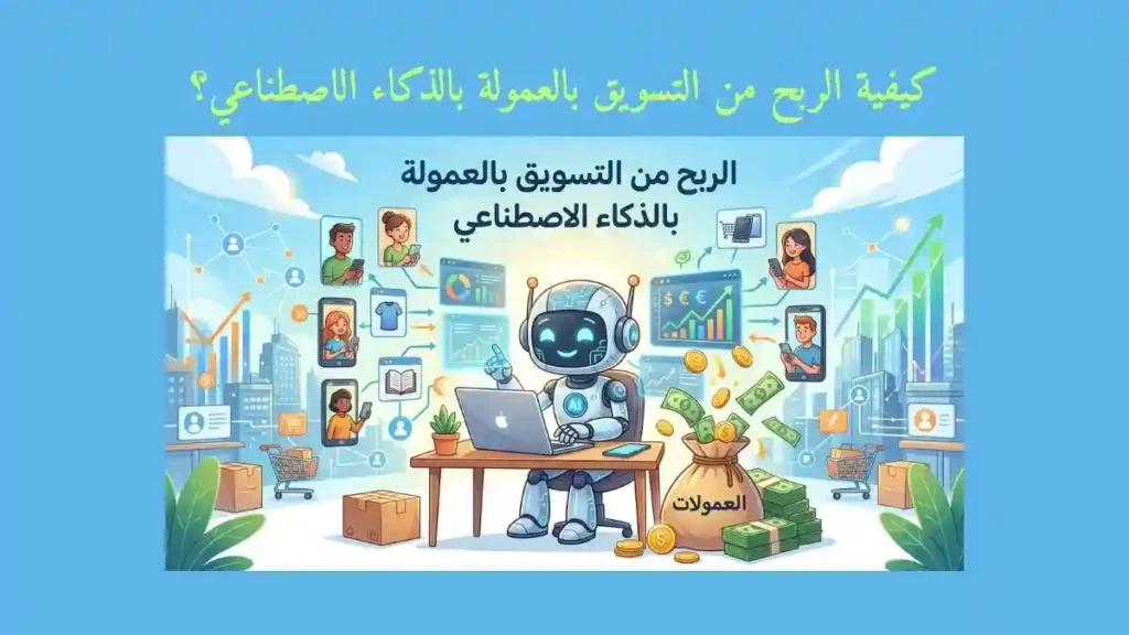 صورة تعبر عن التسويق بالعمولة مع نص مكتوب كيفية الربح من التسويق بالعمولة بالذكاء الاصطناعي؟