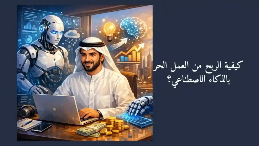 صورة شخص يعمل كمستقل على اللابتوب وبجانبه ربوت مع نص مكتوب كيفية الربح من العمل الحر بالذكاء الاصطناعي