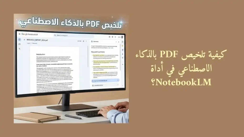 صورة شاشة بها مستند ونص مكتوب كيفية تلخيص PDF بالذكاء الاصطناعي في أداة NotebookLM