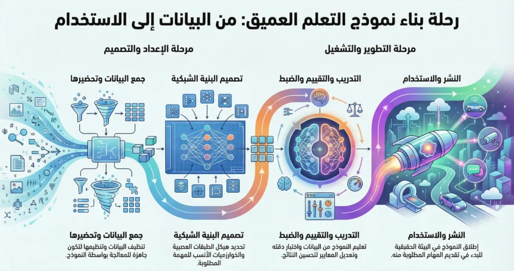 محطط يوضح كيفية عمل التعلم العميق خطوة بخطوة