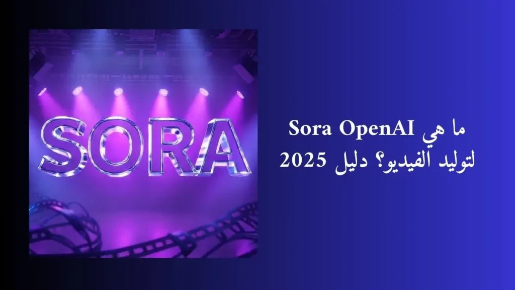 صورة إتظهر اسم الأداة "Sora" بشكل فني وجذاب مع نص مكتوب ما هي Sora OpenAI لتوليد الفيديو؟ دليل 2025
