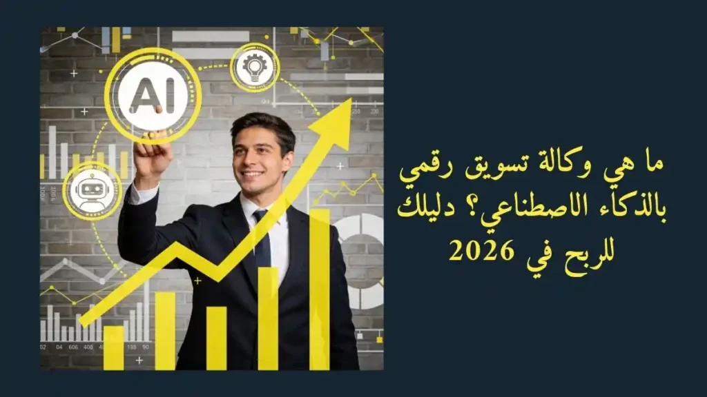 صورة تعبر عن وكالة حدمات تسويق رقمي مع نص مكتوب ما هي وكالة تسويق رقمي بالذكاء الاصطناعي؟ دليلك للربح في 2026