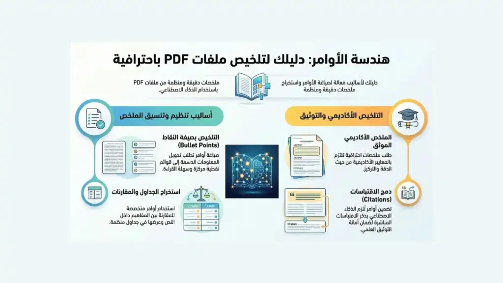 مخطط يوضح هندسة الأوامر (Prompts): كيف تطلب تلخيص PDF احترافيا